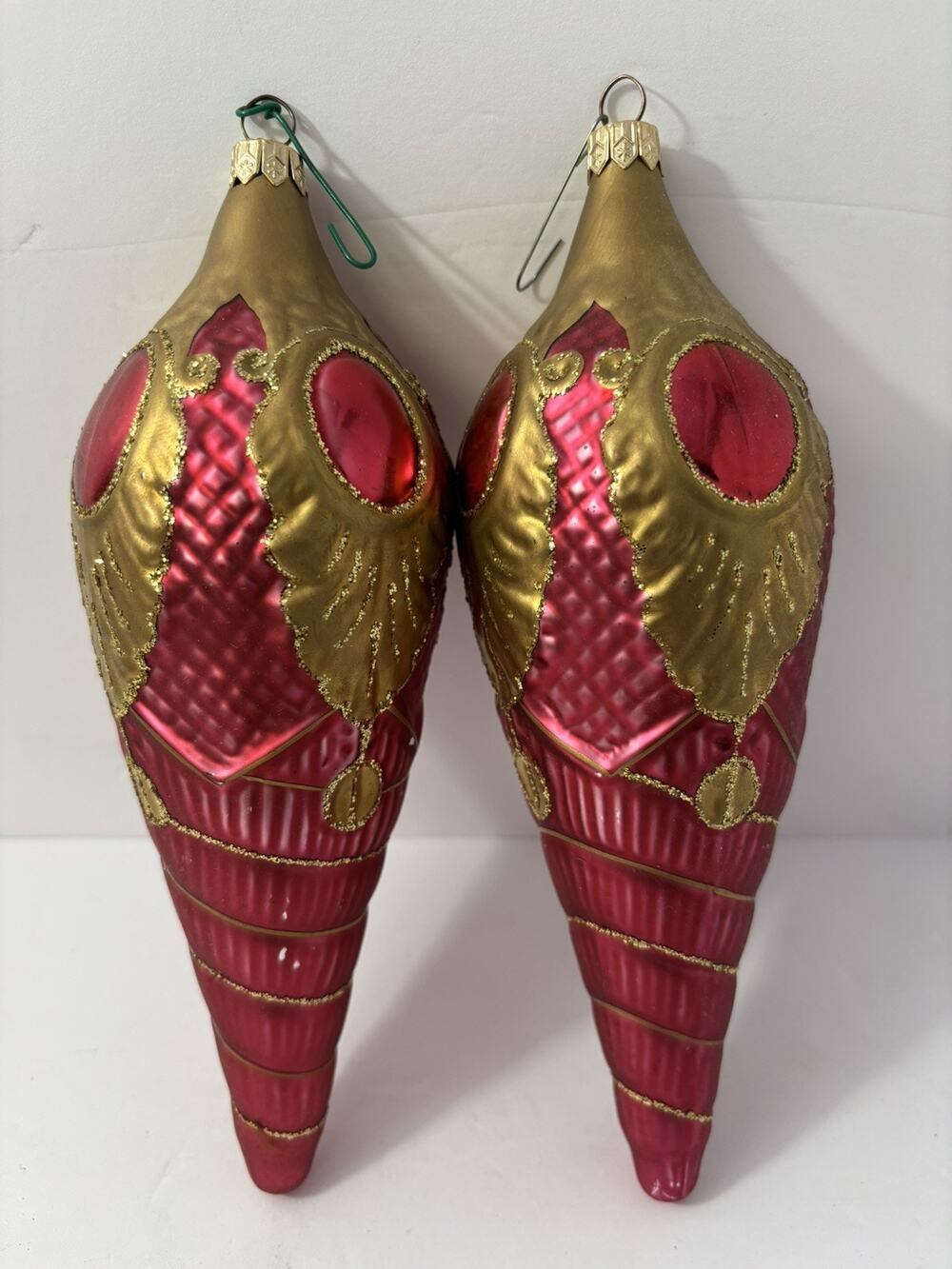 Vintage Hand-Blown Glass Christmas Ornaments Red & Gold Icicle Finials (Set of 2